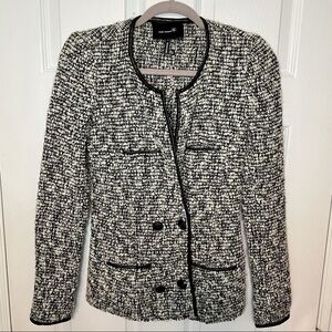 𝅺ISABEL Marant Black & White Tweed with Leather Trim Wool Blend Button Jacket 0